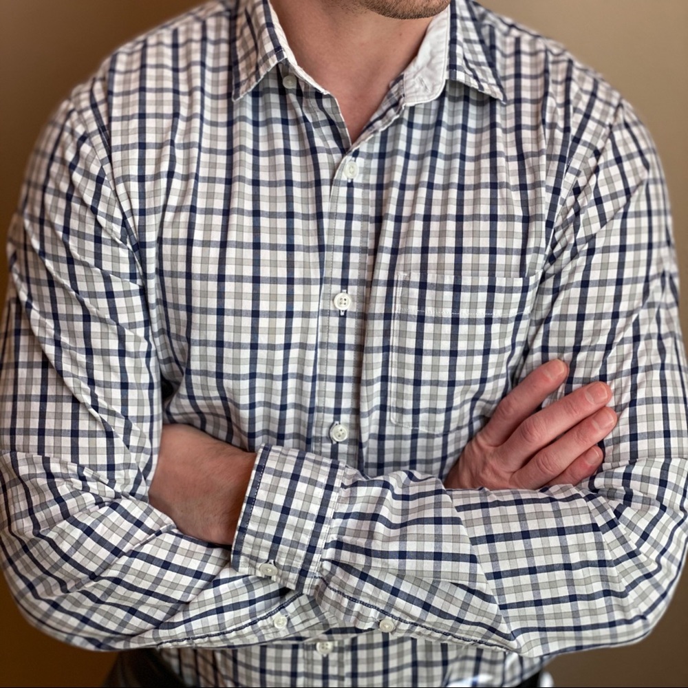 Express navy, white, and grey checked dress shirt